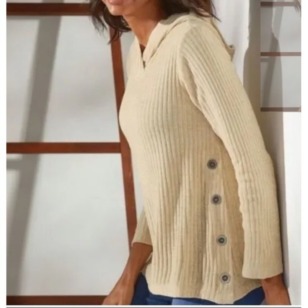Soft Surroundings Chenille Ribbed Knit Button Accent Cowl Neck Hooded Sweater XS